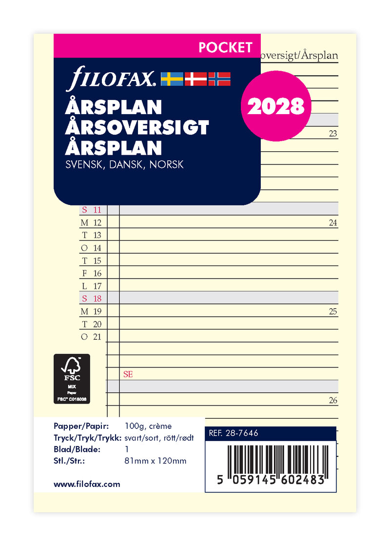 Filofax - Pocket Refill 2028 Årsplan