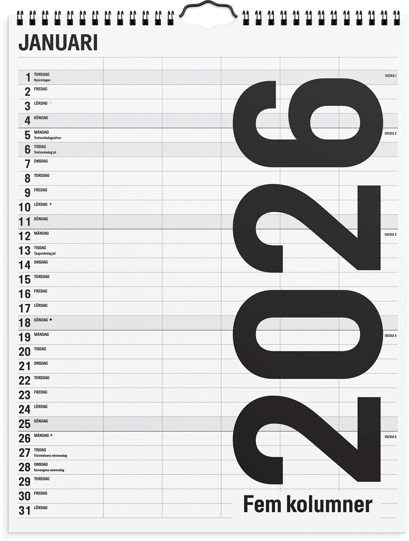 Familjekalender 2026 Black and white 5 kolumner