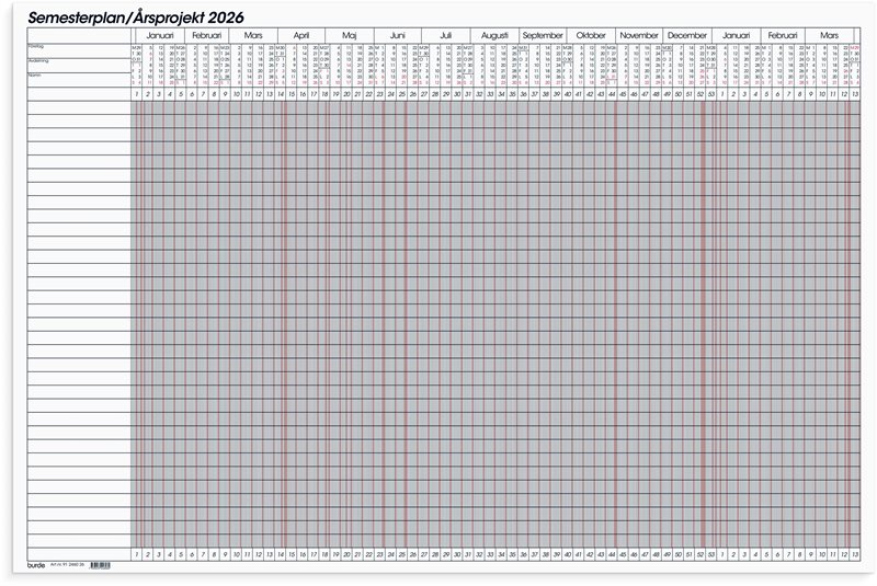 Kalender 2026 Semesterplan/Årsprojekt whiteboard
